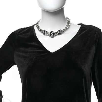 Chanel Metal Resin Crystal CC Choker Necklace Black Silver 2 of 5