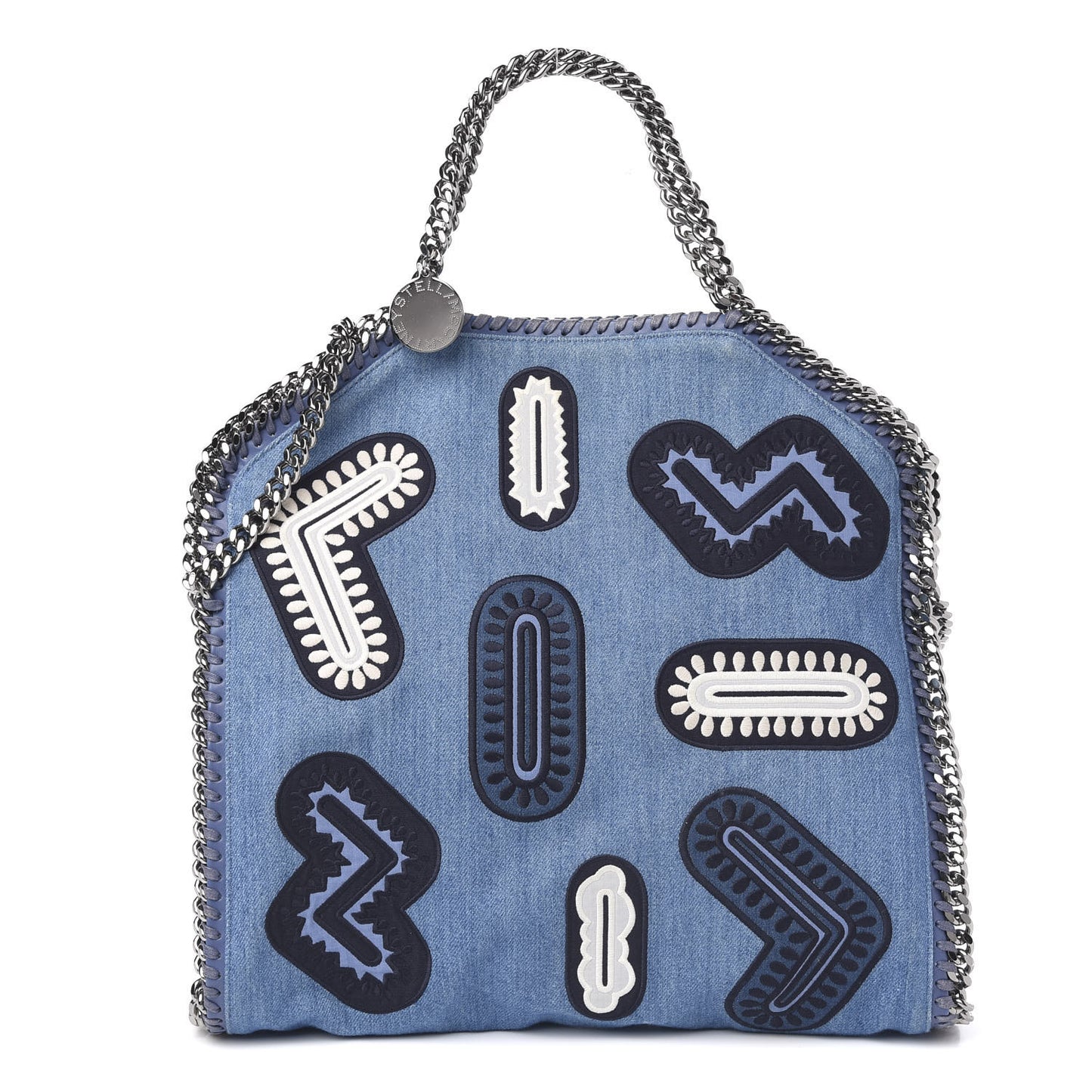 Eco Denim Embroidered Zigarette Falabella Fold Over Tote Blue