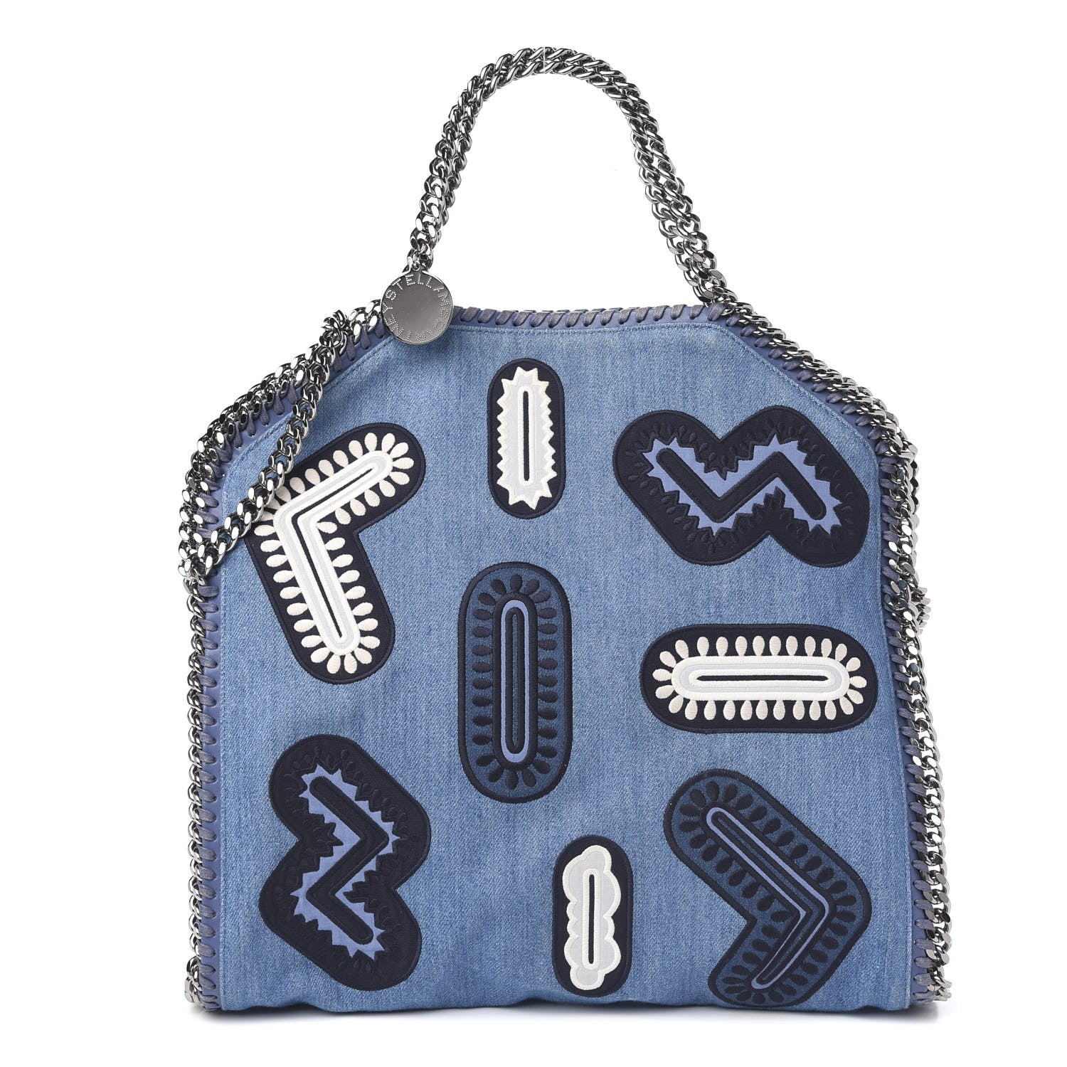 Stella McCartney Eco Denim Embroidered Zigarette Falabella Fold Over Tote Blue 1 of 9