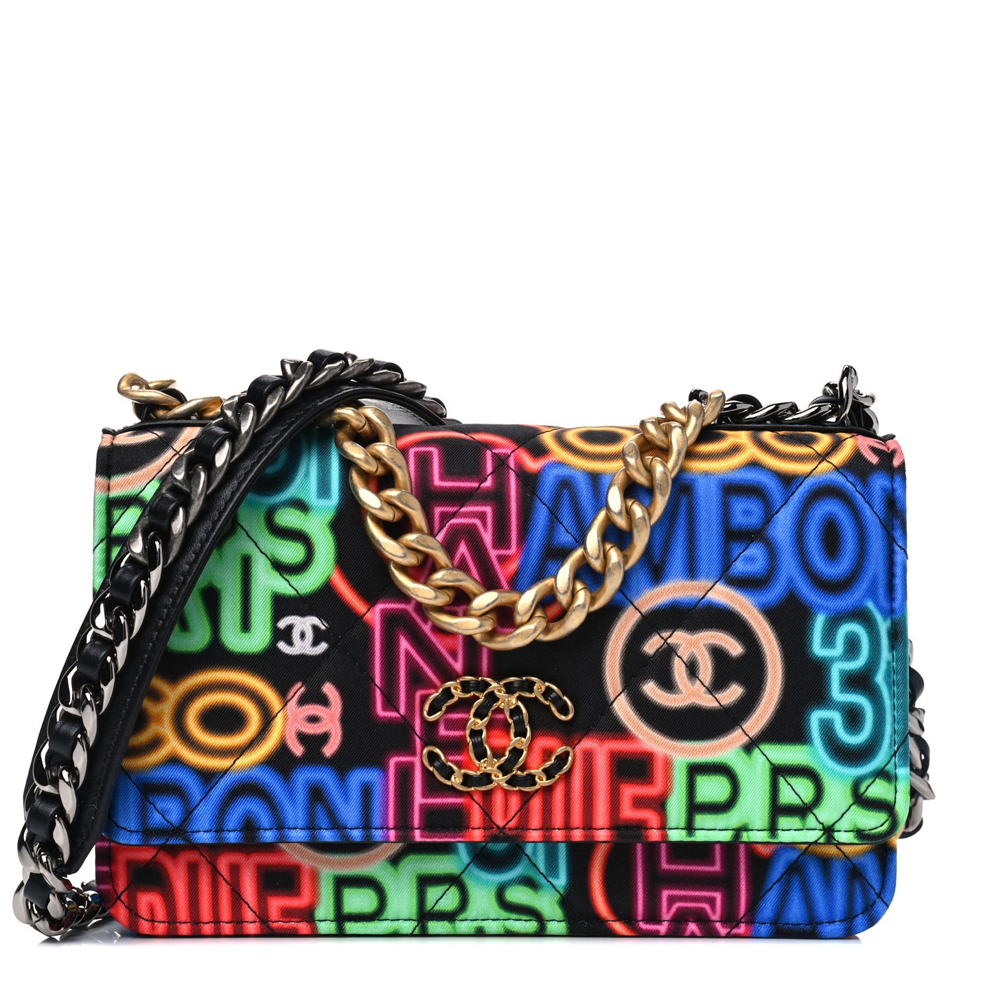 Fabric Printed Chanel 19 Wallet On Chain WOC Black Multicolor