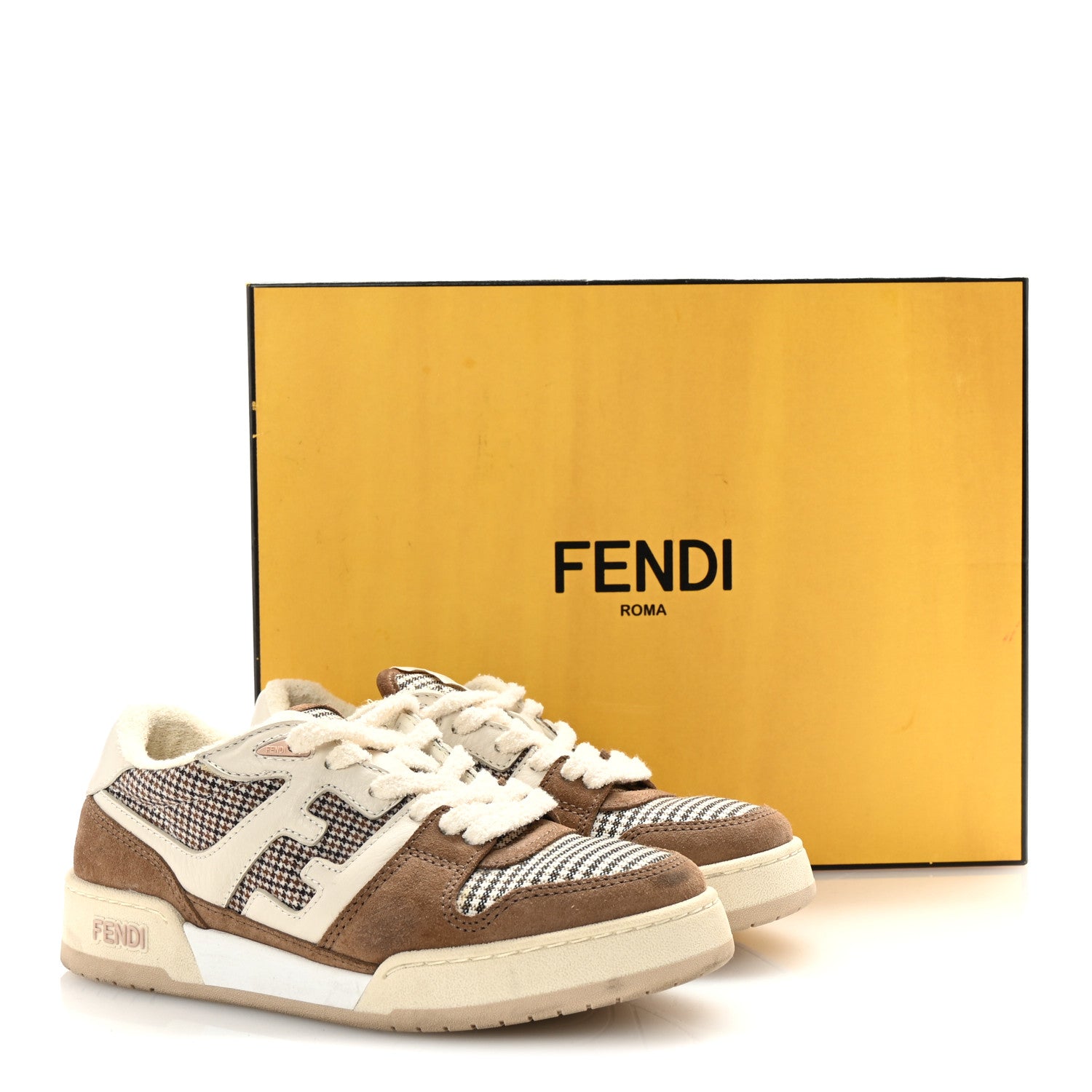 Fendi Calfskin Suede Houndstooth Fendi Match Low Top Sneakers 36 Cream Brown 10 of 10