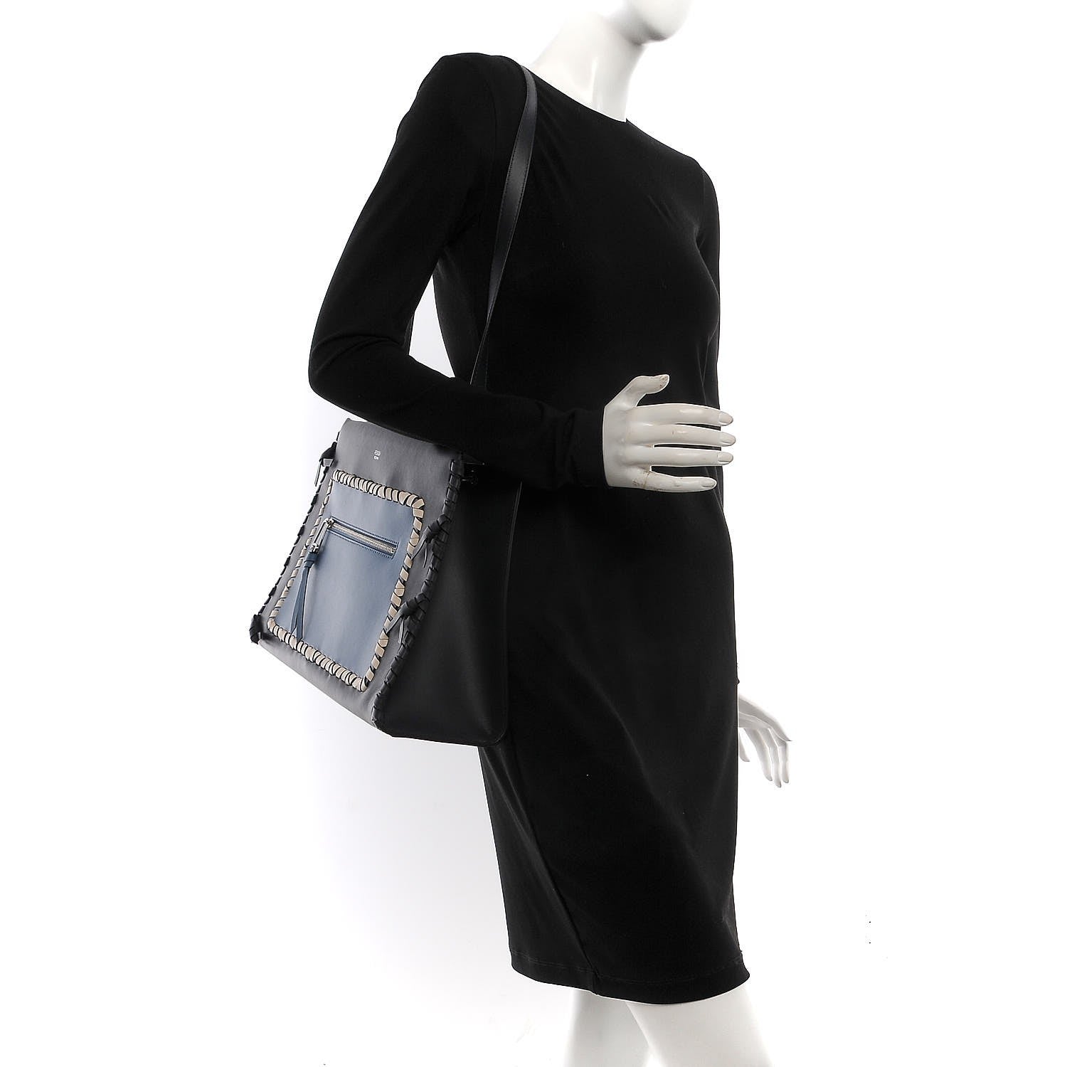 Fendi Vitello Century F is Fendi Whipstitch Bi-Color Regular Runaway Satchel Ceruleo Black 2 of 9