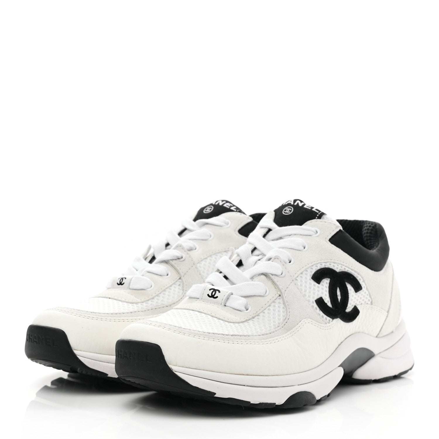 Chanel Mesh Suede Calfskin Grained Calfskin Womens CC Sneakers 37 White Black 3 of 7