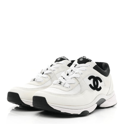 Chanel Mesh Suede Calfskin Grained Calfskin Womens CC Sneakers 37 White Black 3 of 7