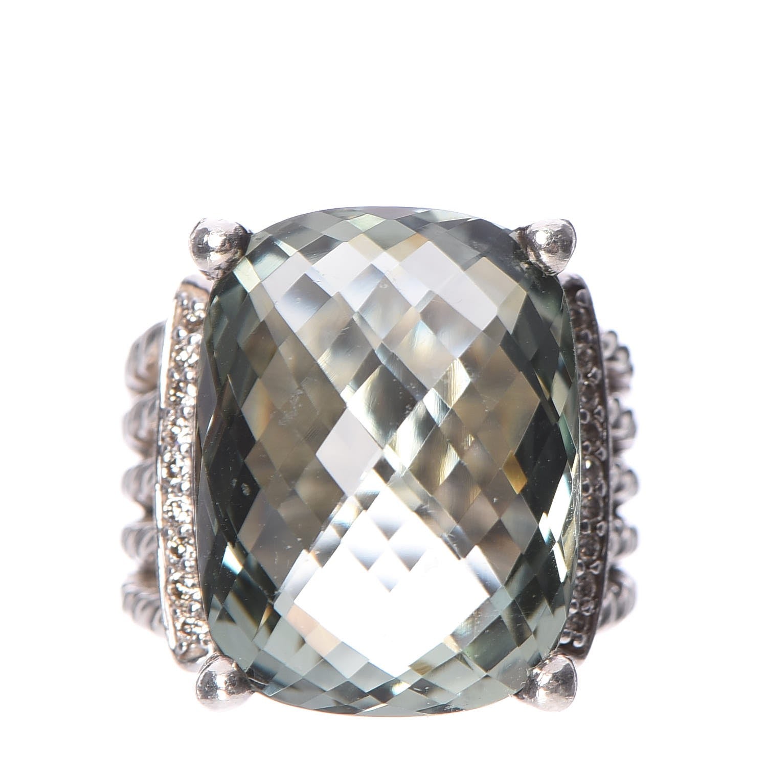 David Yurman Sterling Silver Diamond Prasiolite 20mm Wheaton Ring 53 6.25 1 of 5