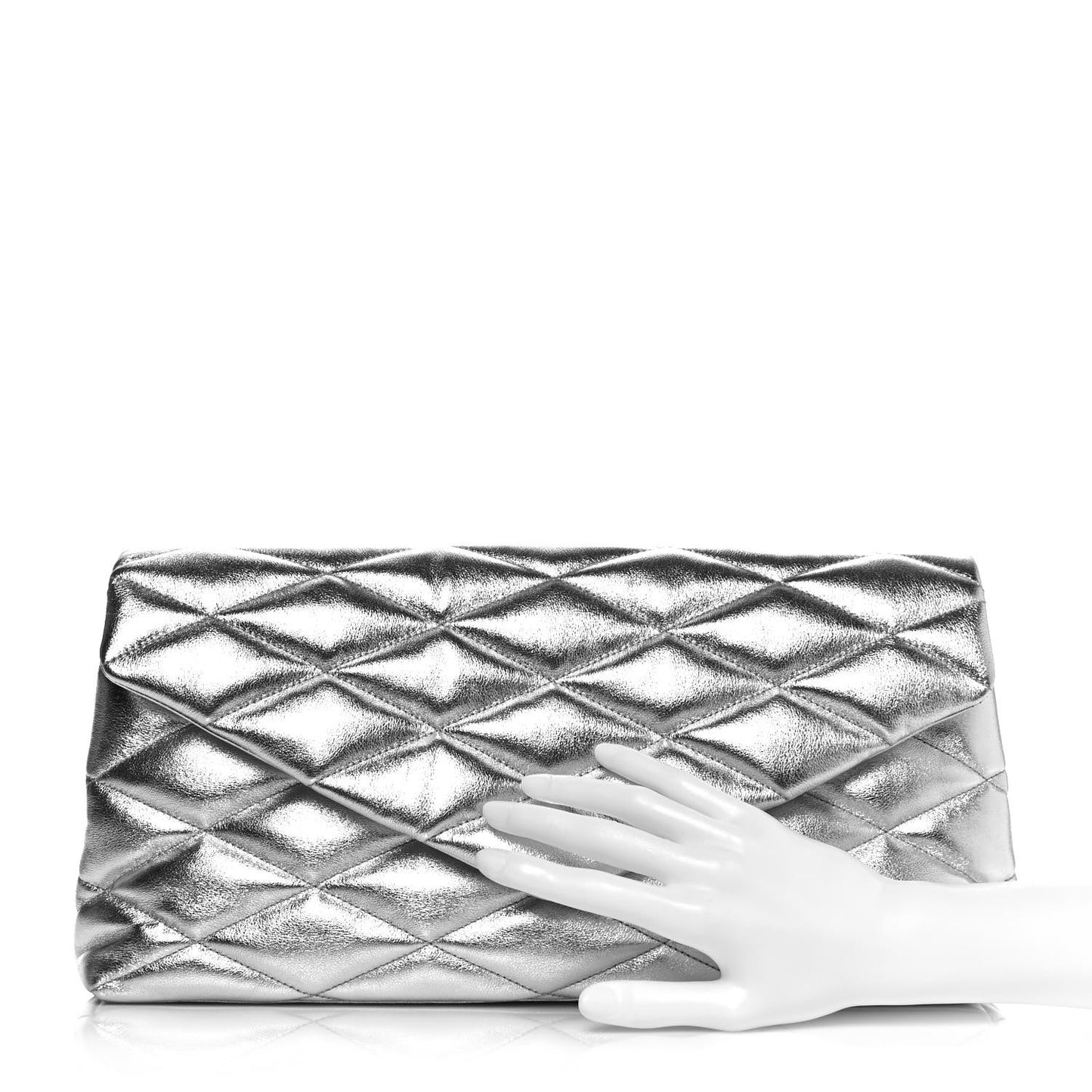Metallic Lambskin Quilted Sade Puffer Envelope Clutch Argento