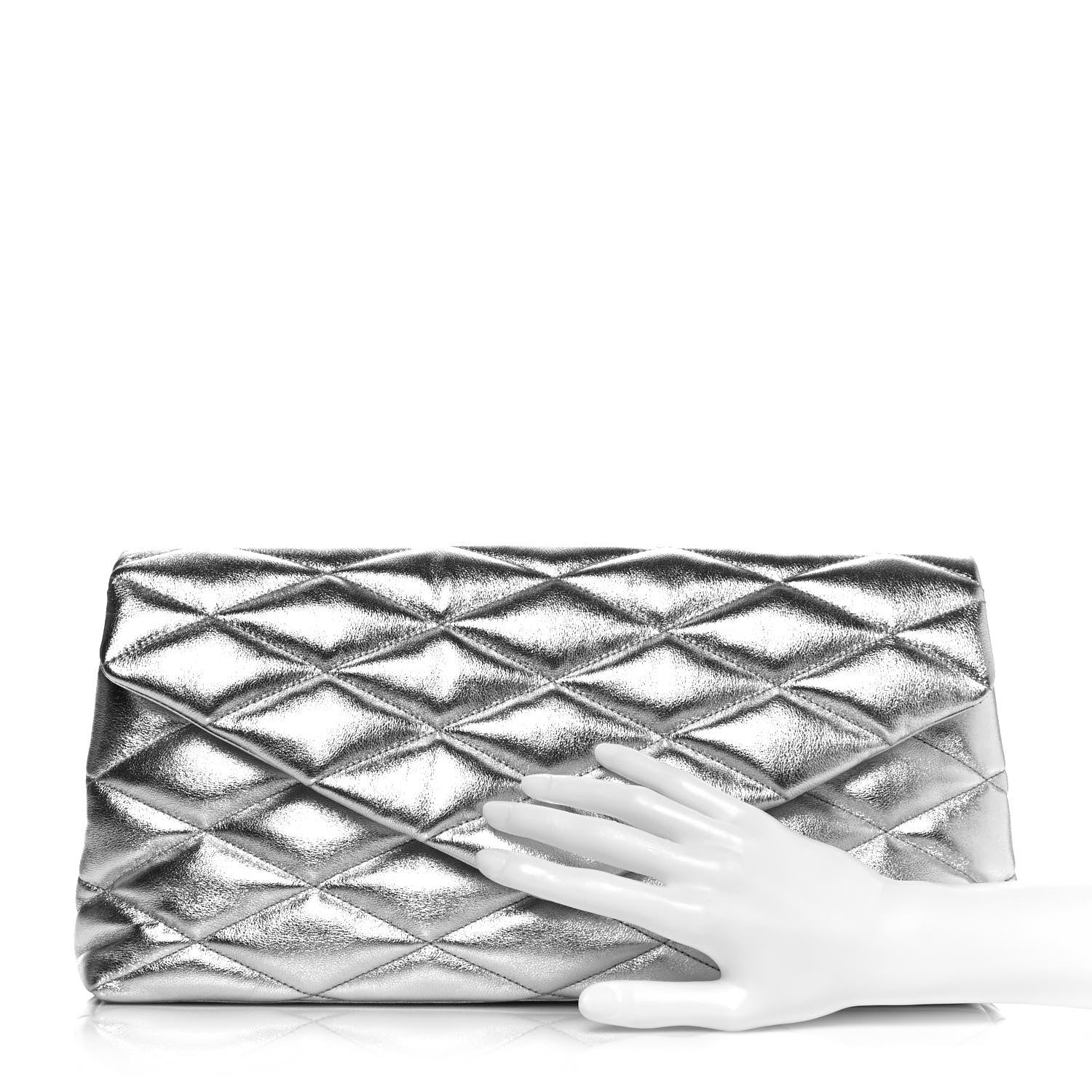 Saint Laurent Metallic Lambskin Quilted Sade Puffer Envelope Clutch Argento 2 of 12