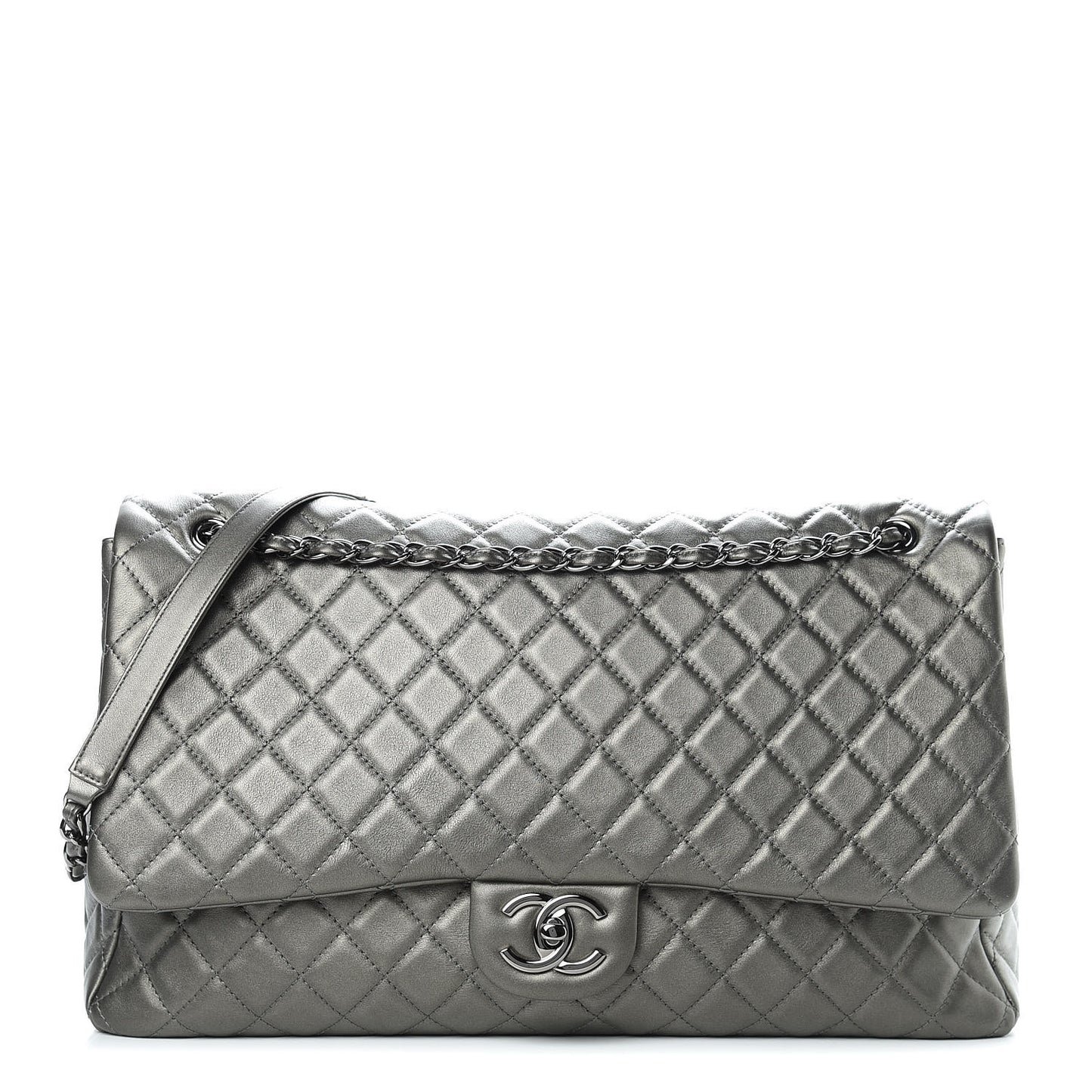 Metallic Calfskin Quilted XXL Travel Flap Bag Dark Silver