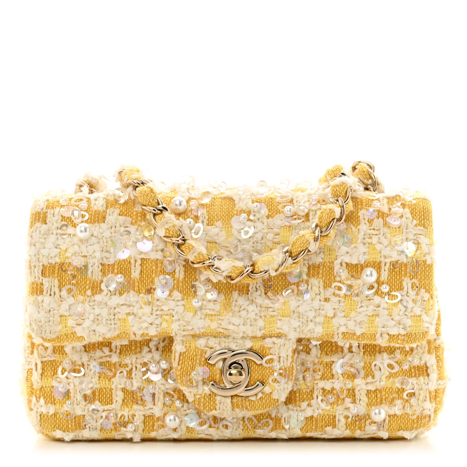 Chanel Tweed Beaded Mini Rectangular Flap Yellow White 1 of 12
