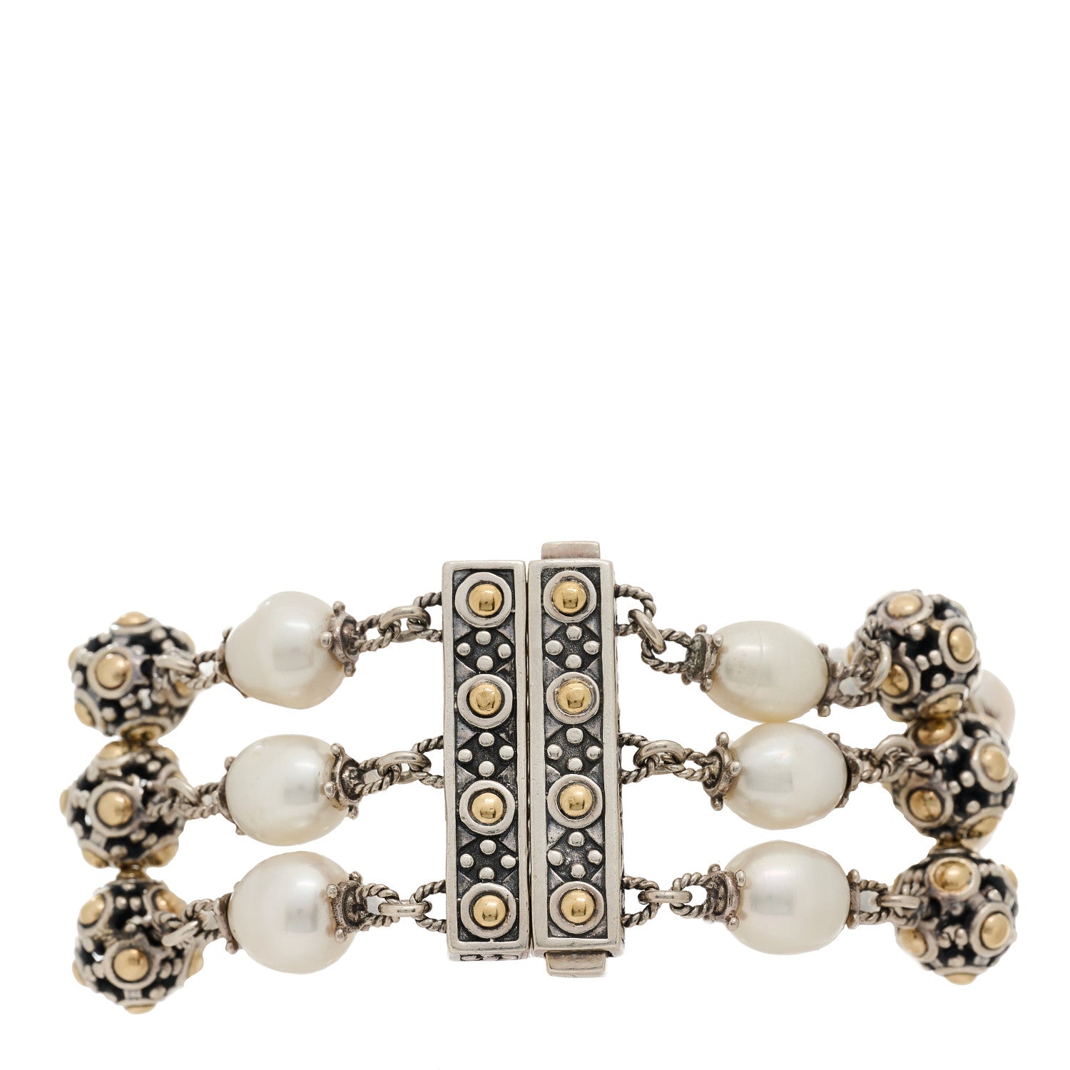 John Hardy Sterling Silver 18K Yellow Gold Pearl 3-Row Jaisalmer Bracelet 2 of 3