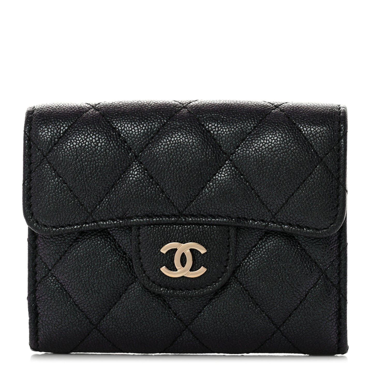 Iridescent Caviar Quilted Flap Card Holder Wallet Black