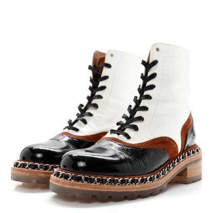 Chanel Patent Suede Lace Up Chain Boots 35.5 White Black 3 of 14