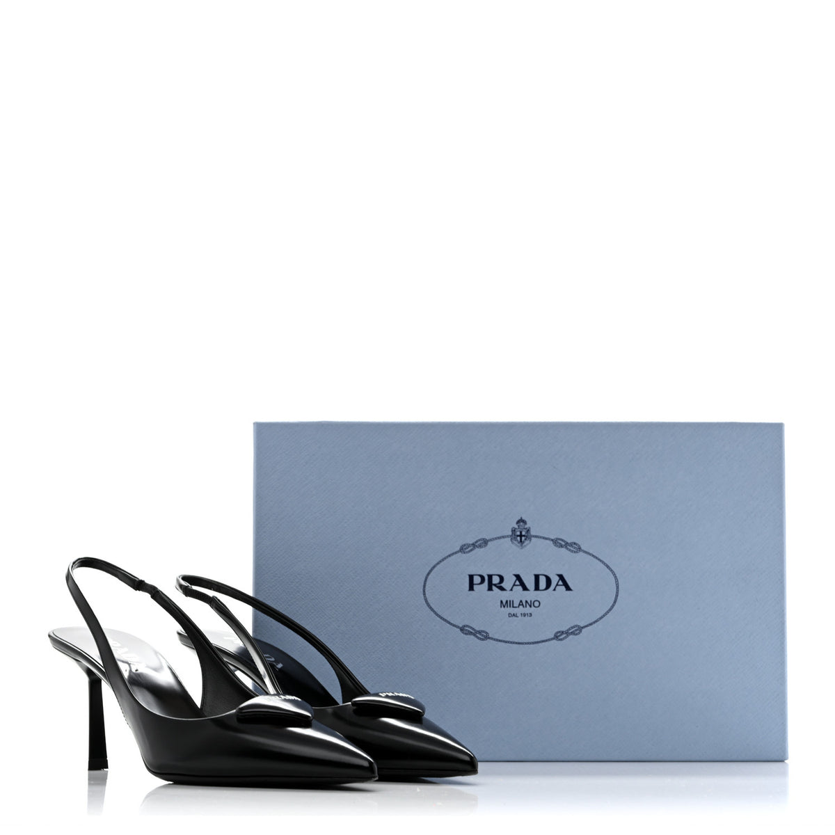 Prada Spazzolato Triangle Logo Pointed Toe 75mm Slingback Pumps 37 Black 11 of 11
