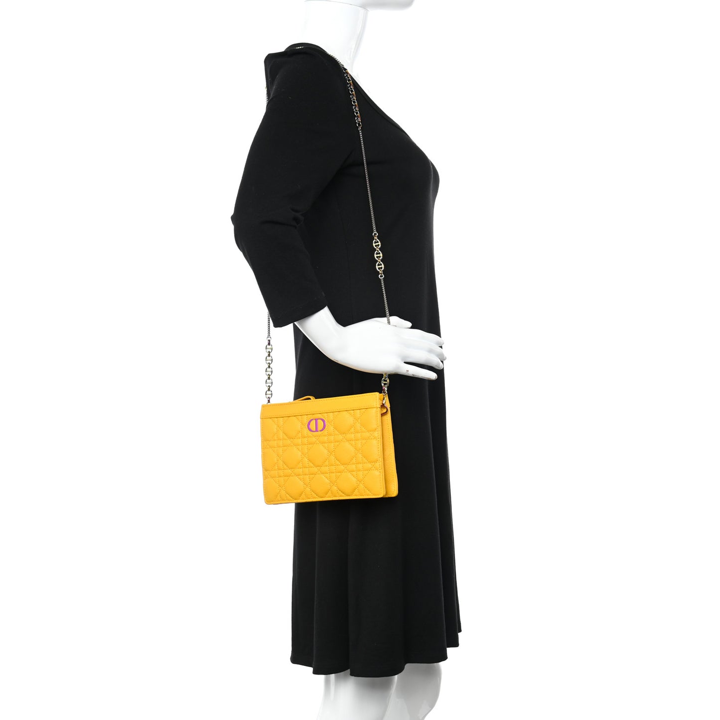 Calfskin Cannage Caro Zipped Pouch With Chain Sunny