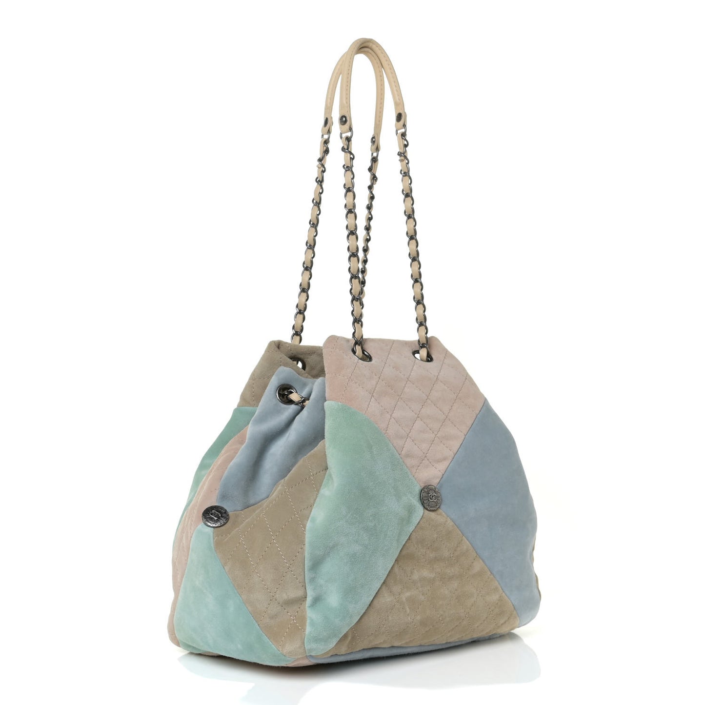 Suede Quilted Patchwork Drawstring Bag Blue Green Pink Beige