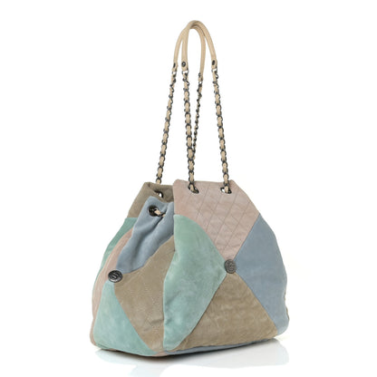 Chanel Suede Quilted Patchwork Drawstring Bag Blue Green Pink Beige 3 of 11