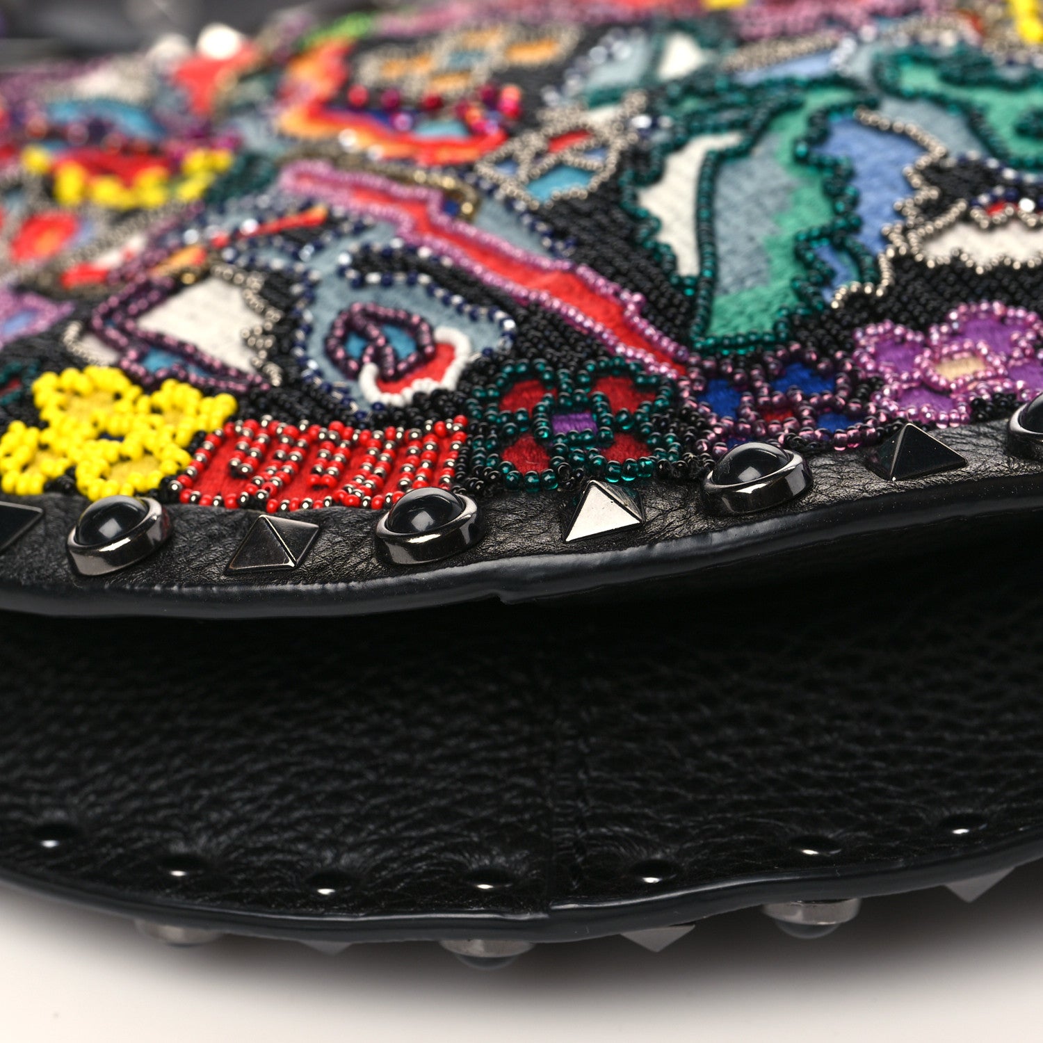 Valentino Garavani Calfskin Beaded Guitar Strap Rockstud Rolling Hobo Bag Black 7 of 8