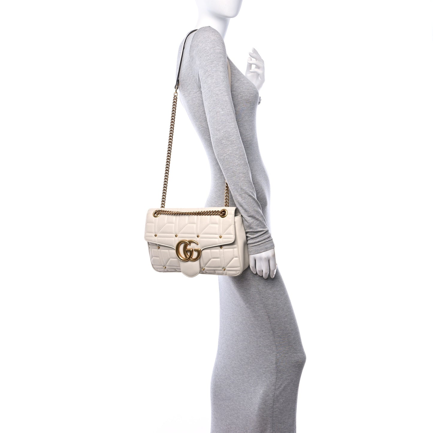 Calfskin Matelasse Studded Medium GG Marmont Shoulder Bag White