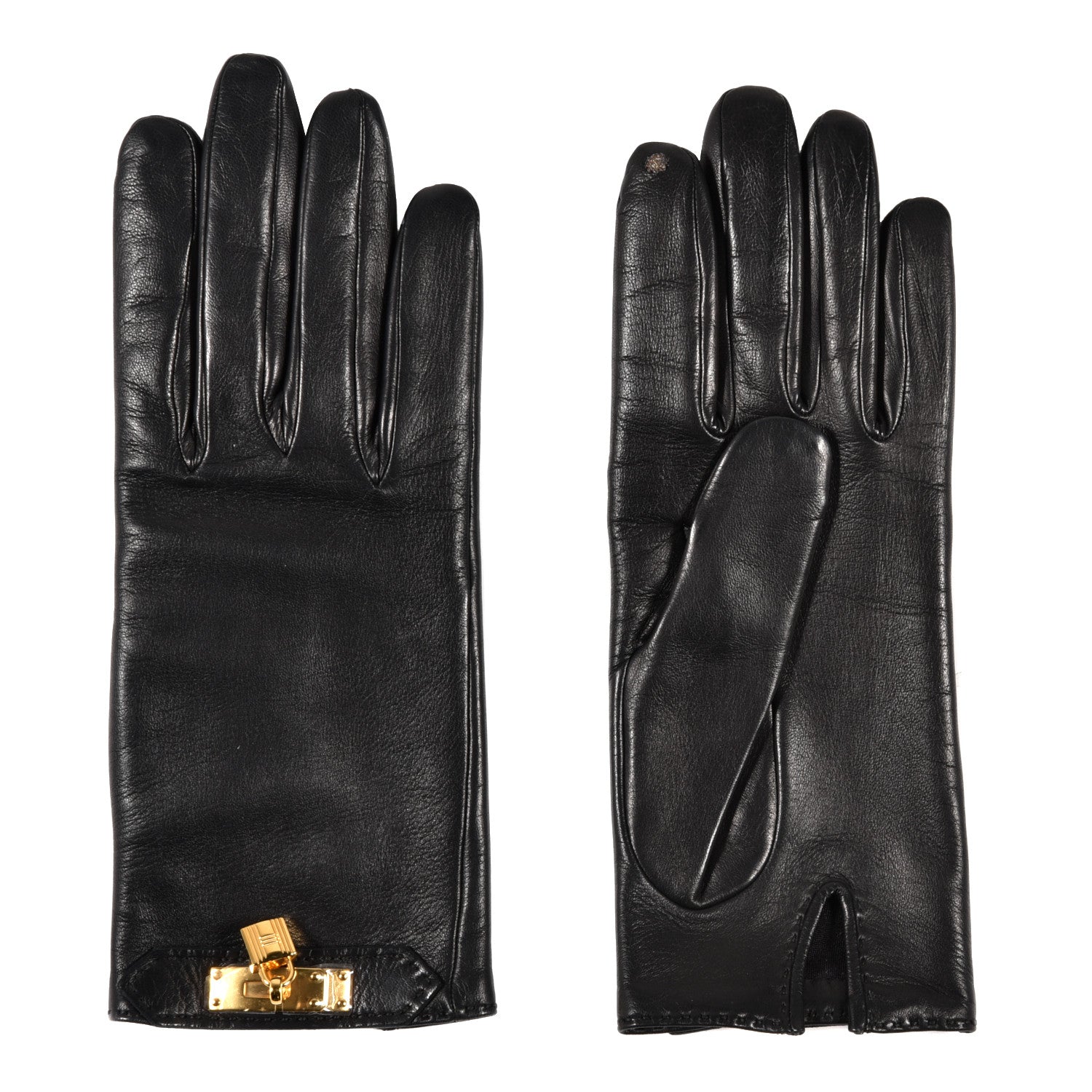 Hermes Lambskin Soya Kelly Lock Gloves 7 Black 1 of 4