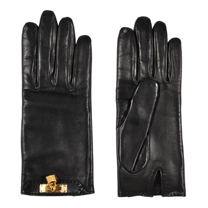 Hermes Lambskin Soya Kelly Lock Gloves 7 Black 1 of 4