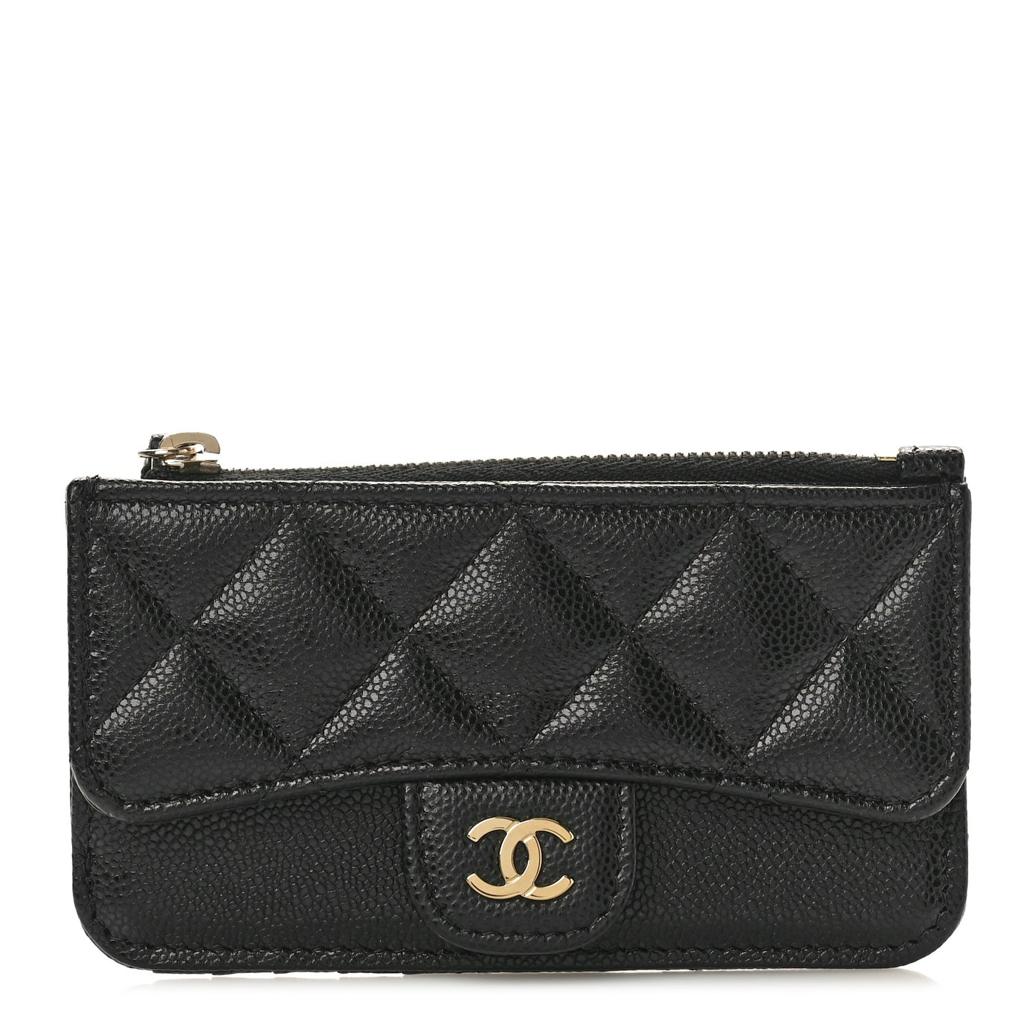 Caviar Quilted Flap Zip Card Holder Black
