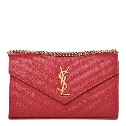 Saint Laurent Grain De Poudre Matelasse Chevron Monogram Chain Wallet New Red 1 of 7