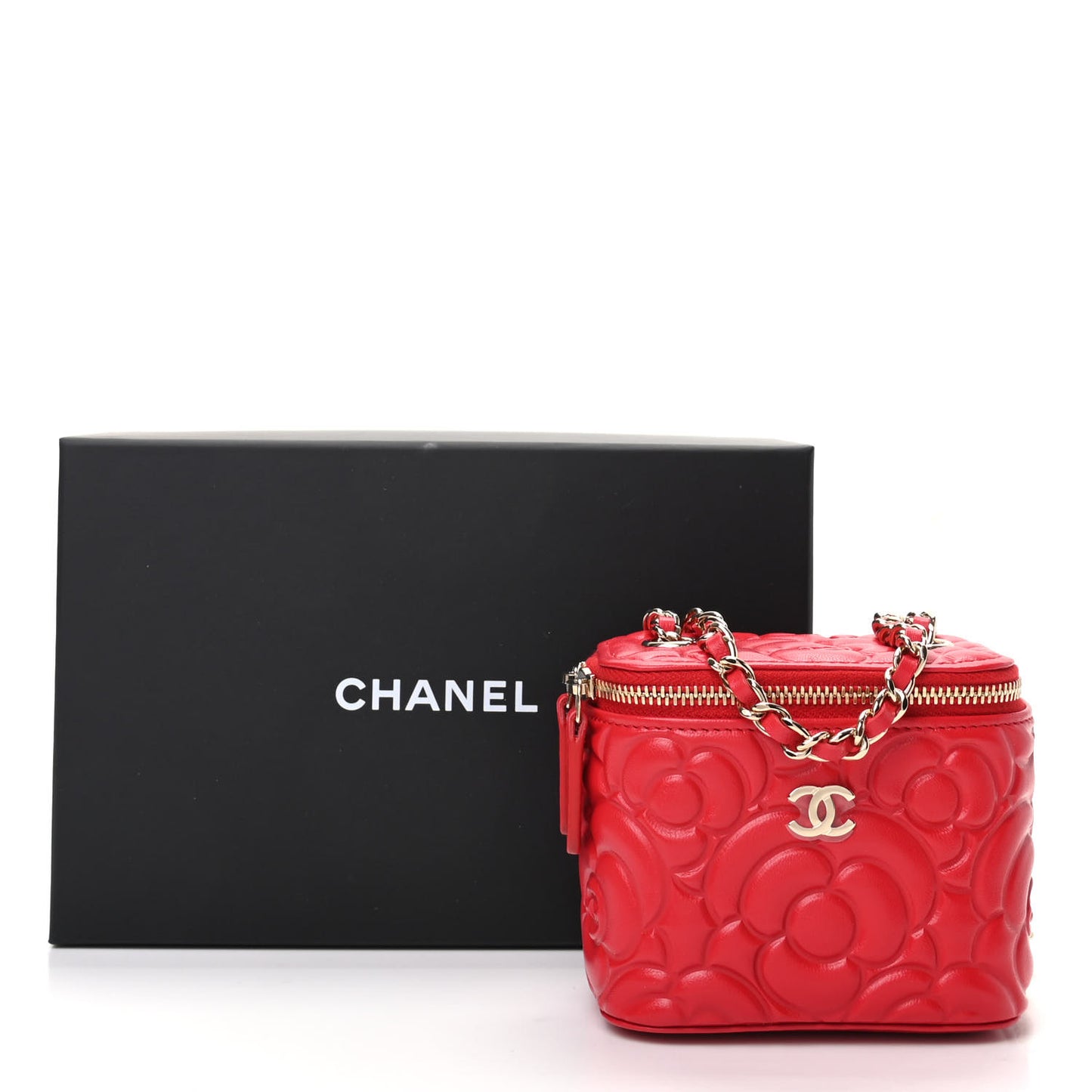 Lambskin Camellia Embossed Mini Vanity Case With Chain Red