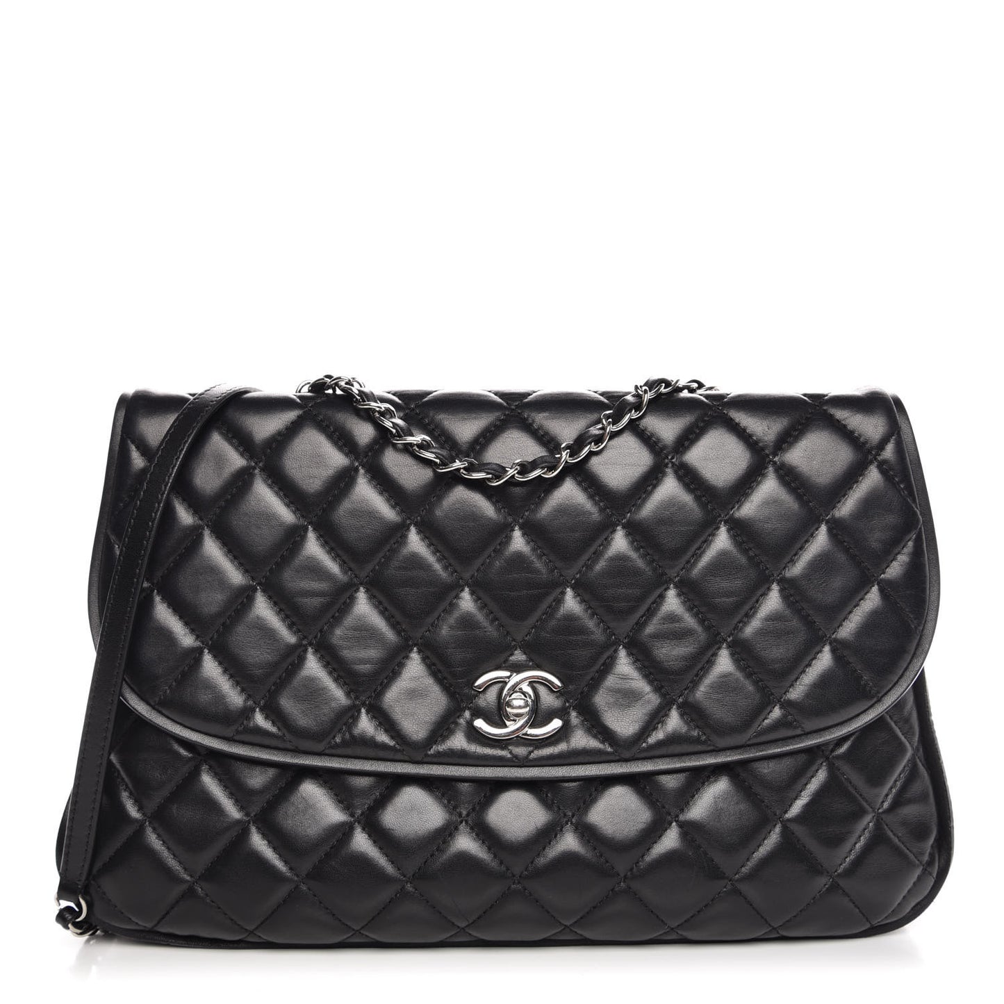 Lambskin Quilted Large Pagode Piping Flap Black