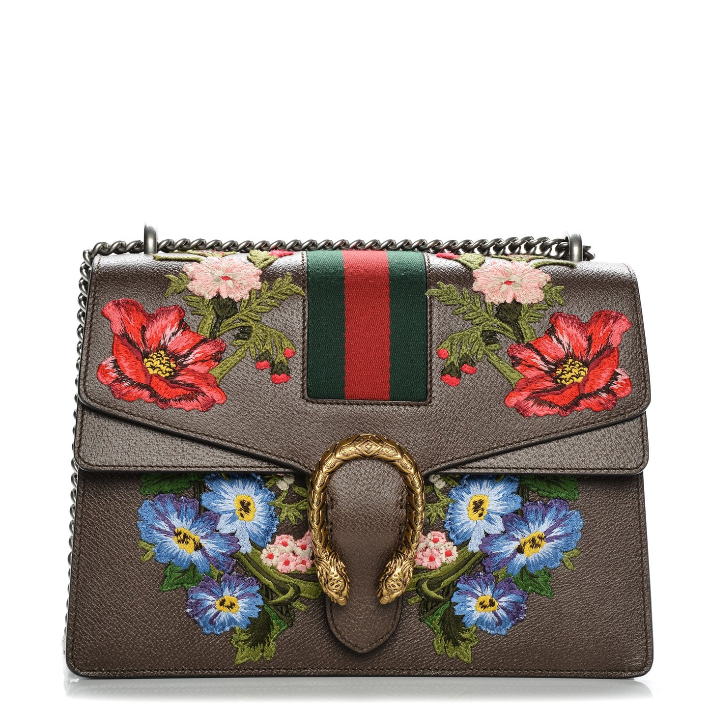 Calfskin Web Floral Embroidered Medium Dionysus Shoulder Bag New Acero