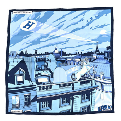 Hermes Silk Minuit Au Faubourg Scarf 70 Marine Ciel White 1 of 4