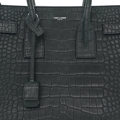 Saint Laurent Calfskin Crocodile Embossed Small Sac de Jour Dusty Black 8 of 10