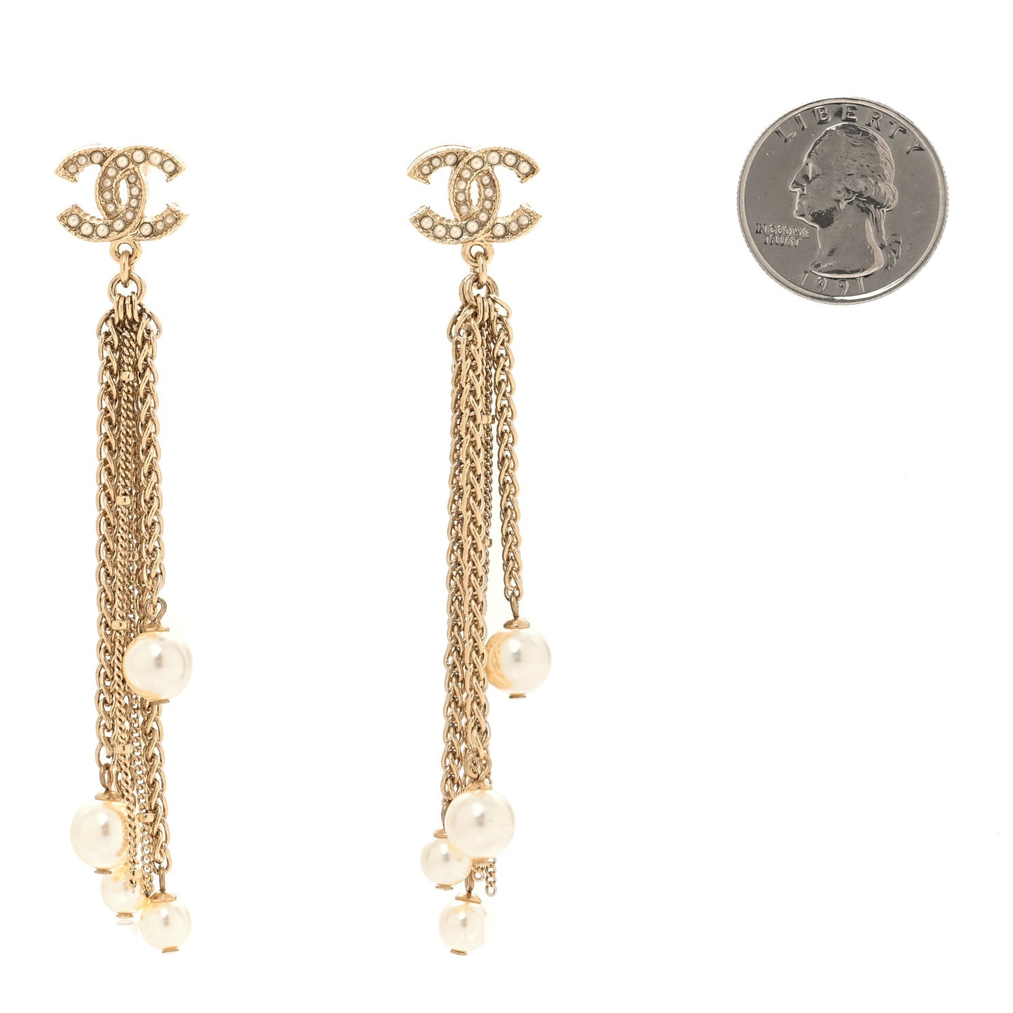 Pearl Chain CC Dangle Earrings Gold