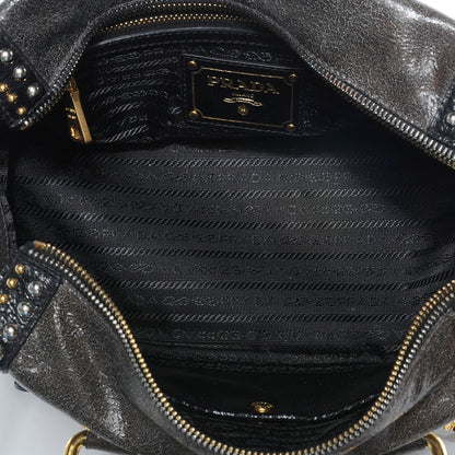 Prada Crackled Calfskin Studded Tote Black 5 of 8