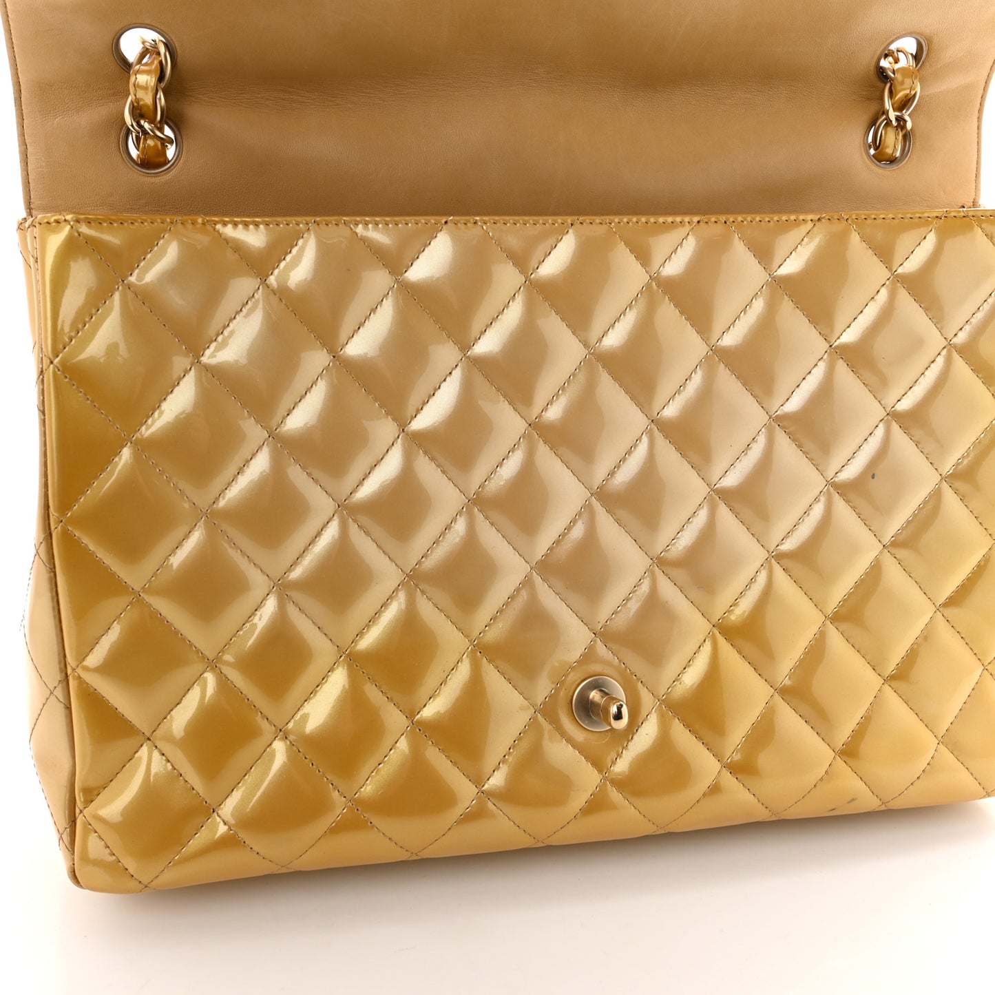 Metallic Patent Quilted Maxi Single Flap Beige