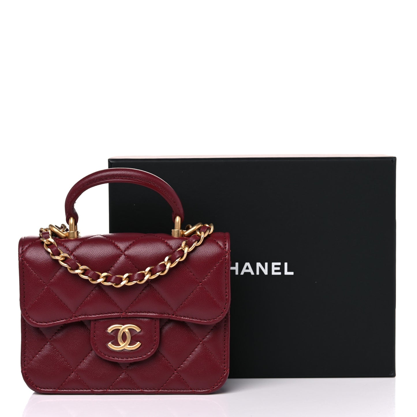 Lambskin Quilted Top Handle Flap Coin Purse With Chain Burgundy