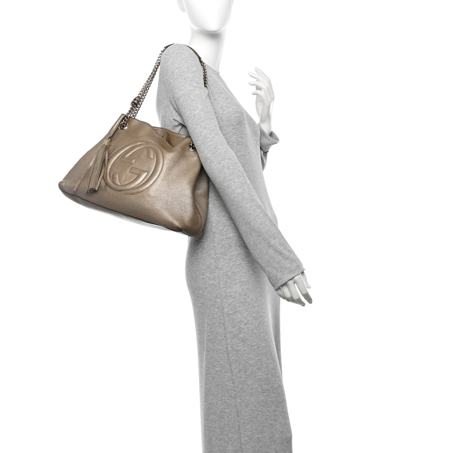 Metallic Pebbled Calfskin Medium Soho Chain Shoulder Bag Golden Beige