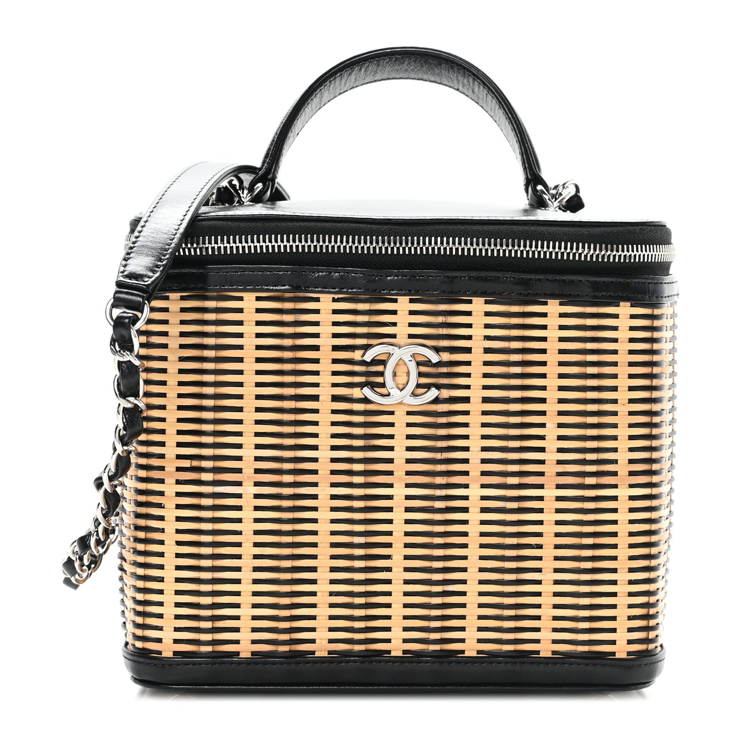 Glazed Calfskin Raffia Vanity Case Bag Black Beige