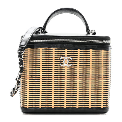 Chanel Glazed Calfskin Raffia Vanity Case Bag Black Beige 1 of 10