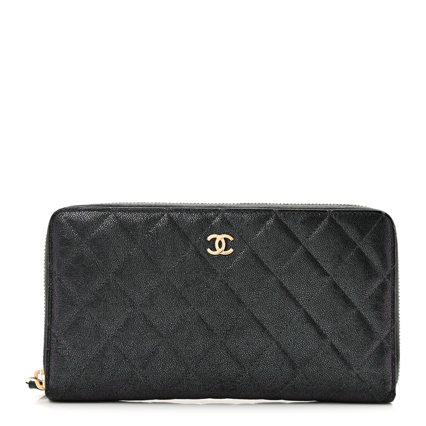 Iridescent Caviar Quilted Large Zip Around Organizer Wallet Black