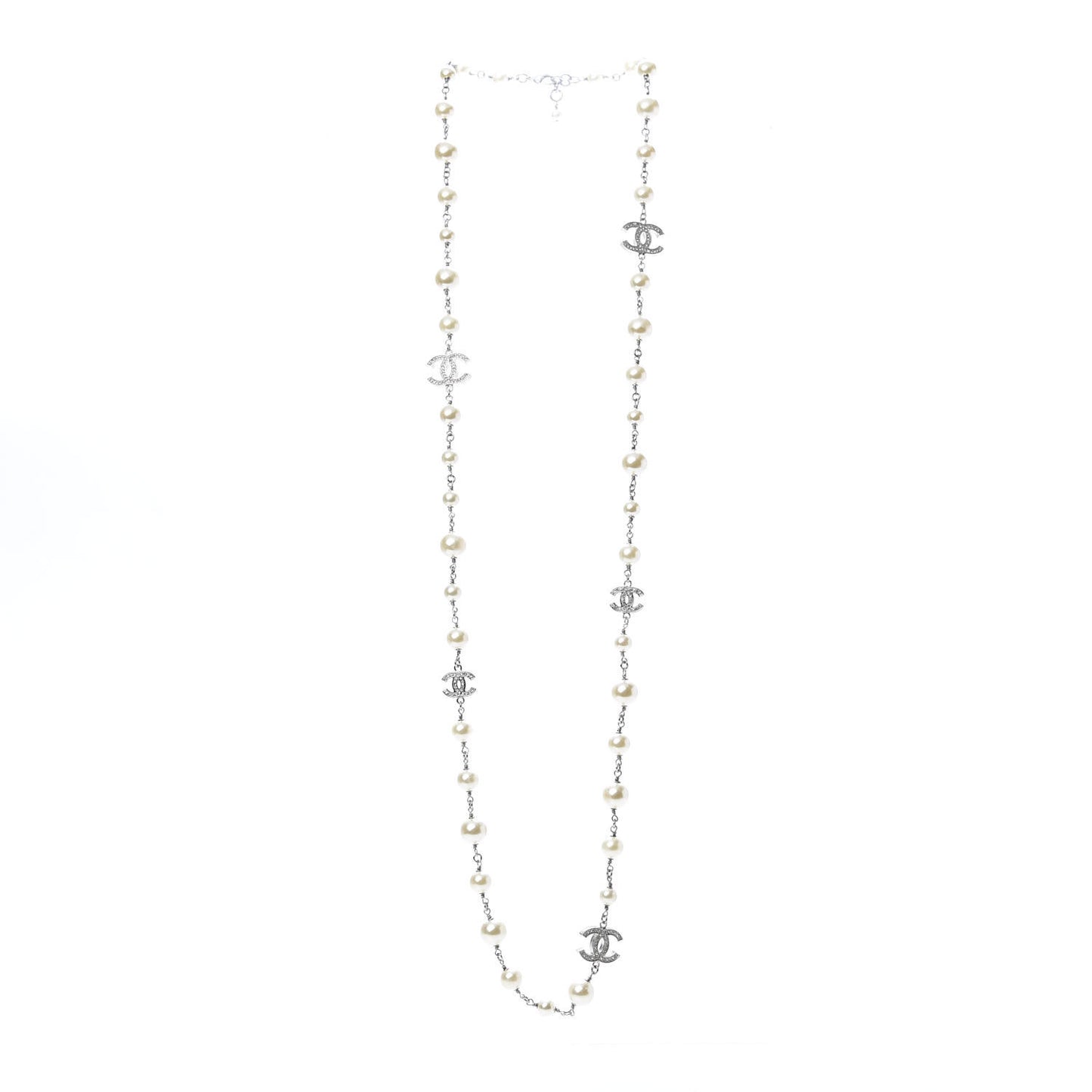 Crystal Pearl CC Long Necklace Light Grey