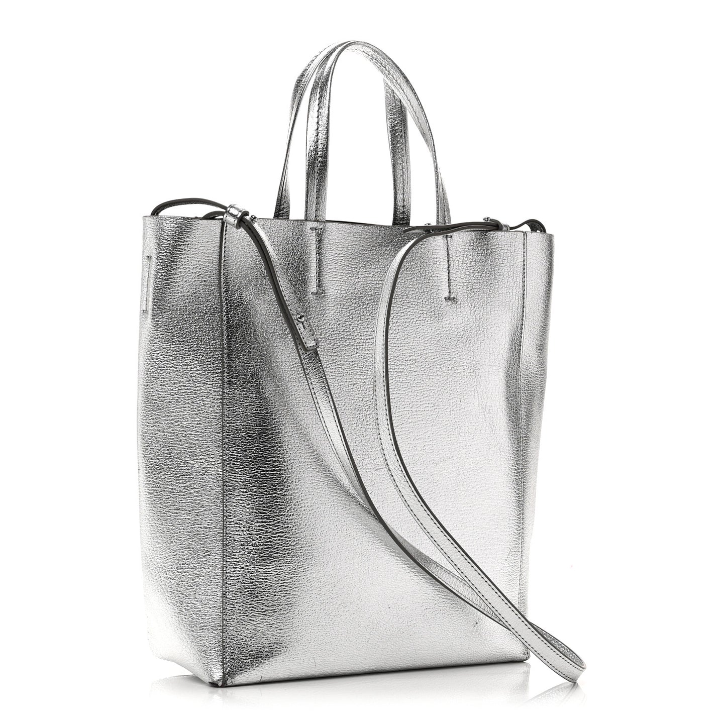 Metallic Grained Calfskin Small Vertical Cabas Silver