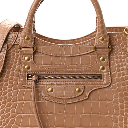 Balenciaga Shiny Supple Calfskin Crocodile Embossed Neo Classic Gold Hardware City Nude Beige 6 of 8