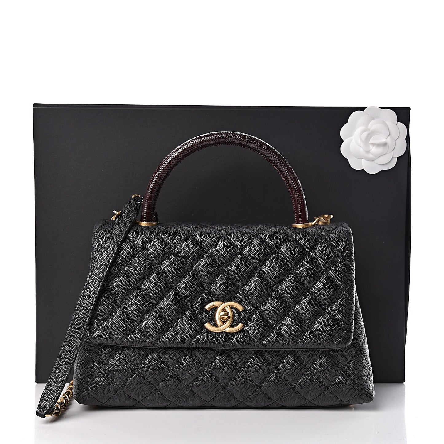 Caviar Lizard Embossed Quilted Small Coco Handle Flap Black