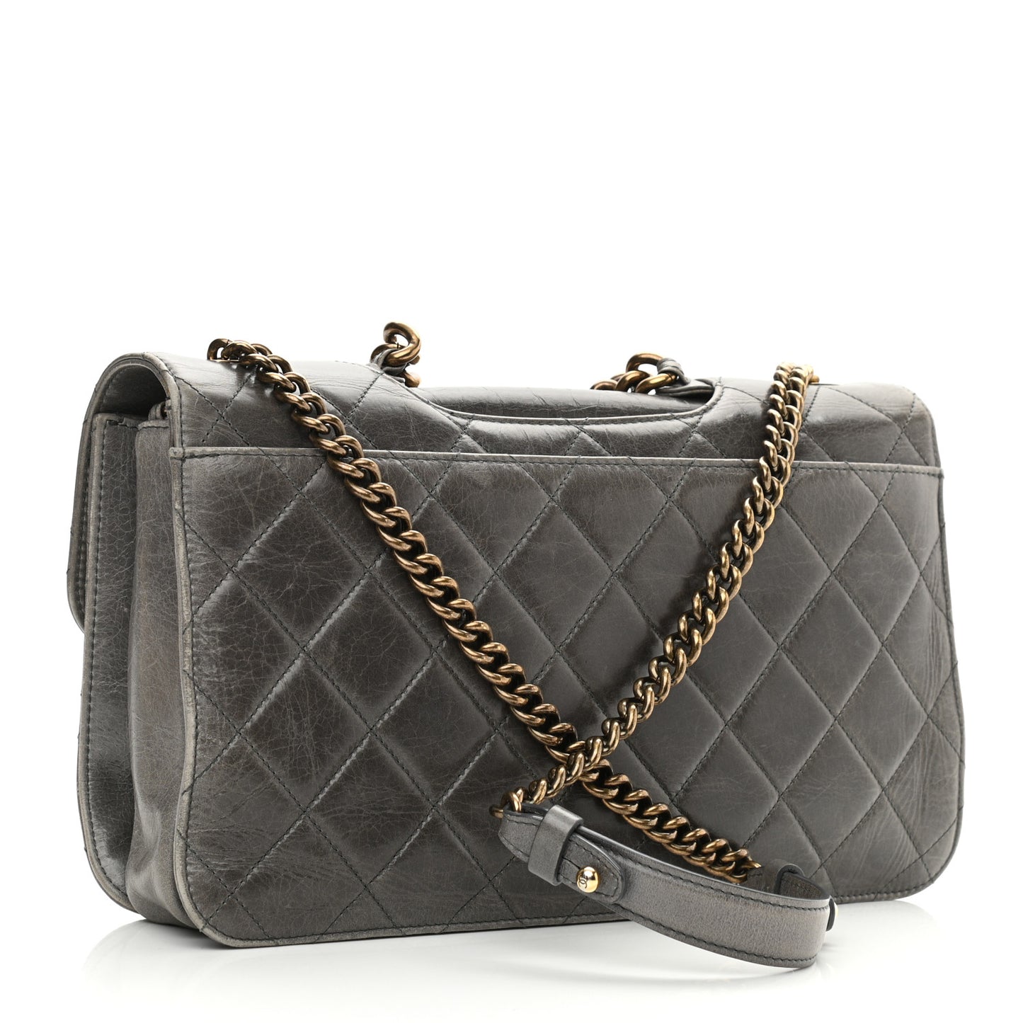 Glazed Calfskin Quilted Large Perfect Edge Flap Grey