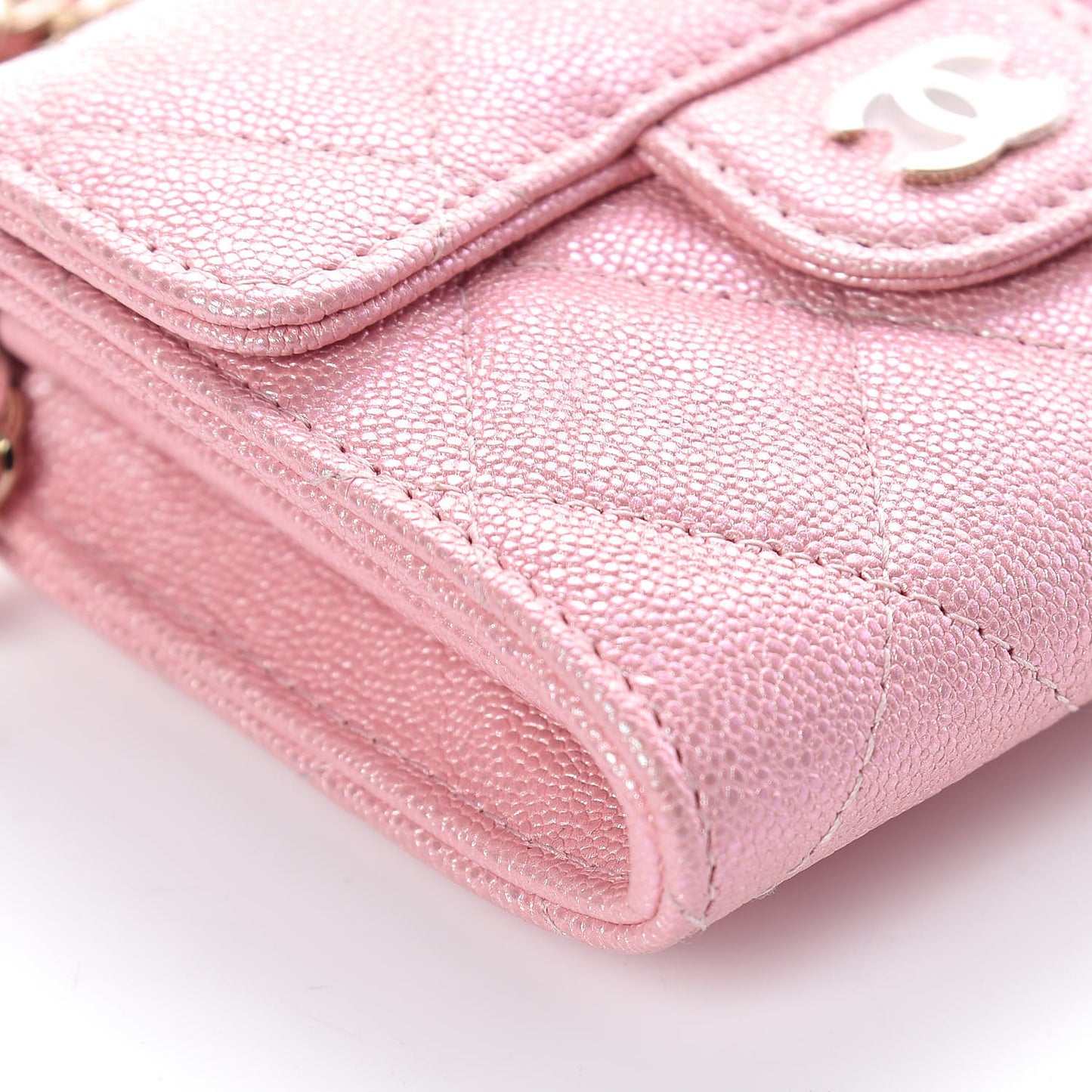 Iridescent Caviar Quilted Flap Card Holder On Chain Pink