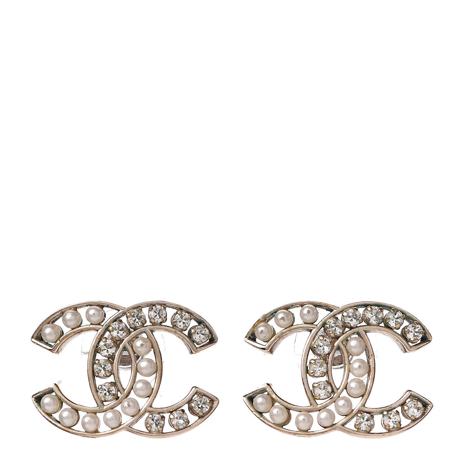 Chanel Crystal Pearl CC Earrings Light Gold 1 of 8