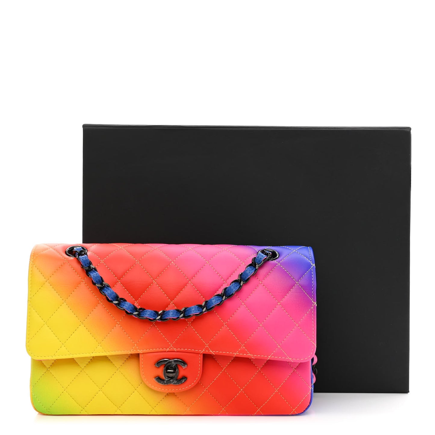 Calfskin Quilted Medium Rainbow Double Flap Multicolor