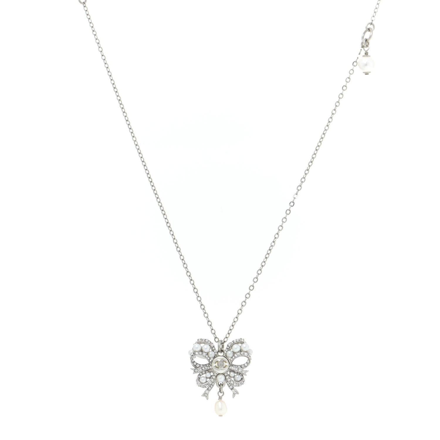 Chanel Crystal Pearl CC Bow Long Necklace Silver 1 of 6