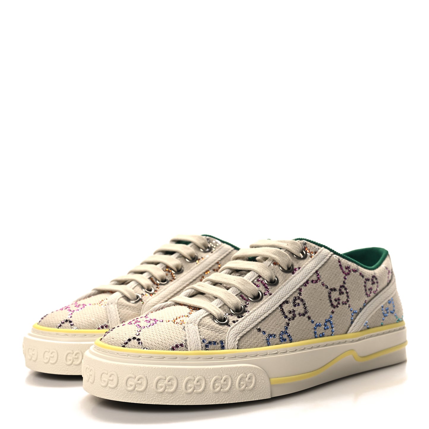 Canvas Lame Crystal GG Monogram Womens 1977 Tennis Sneakers 35.5 Gardenia Silver Mystic White