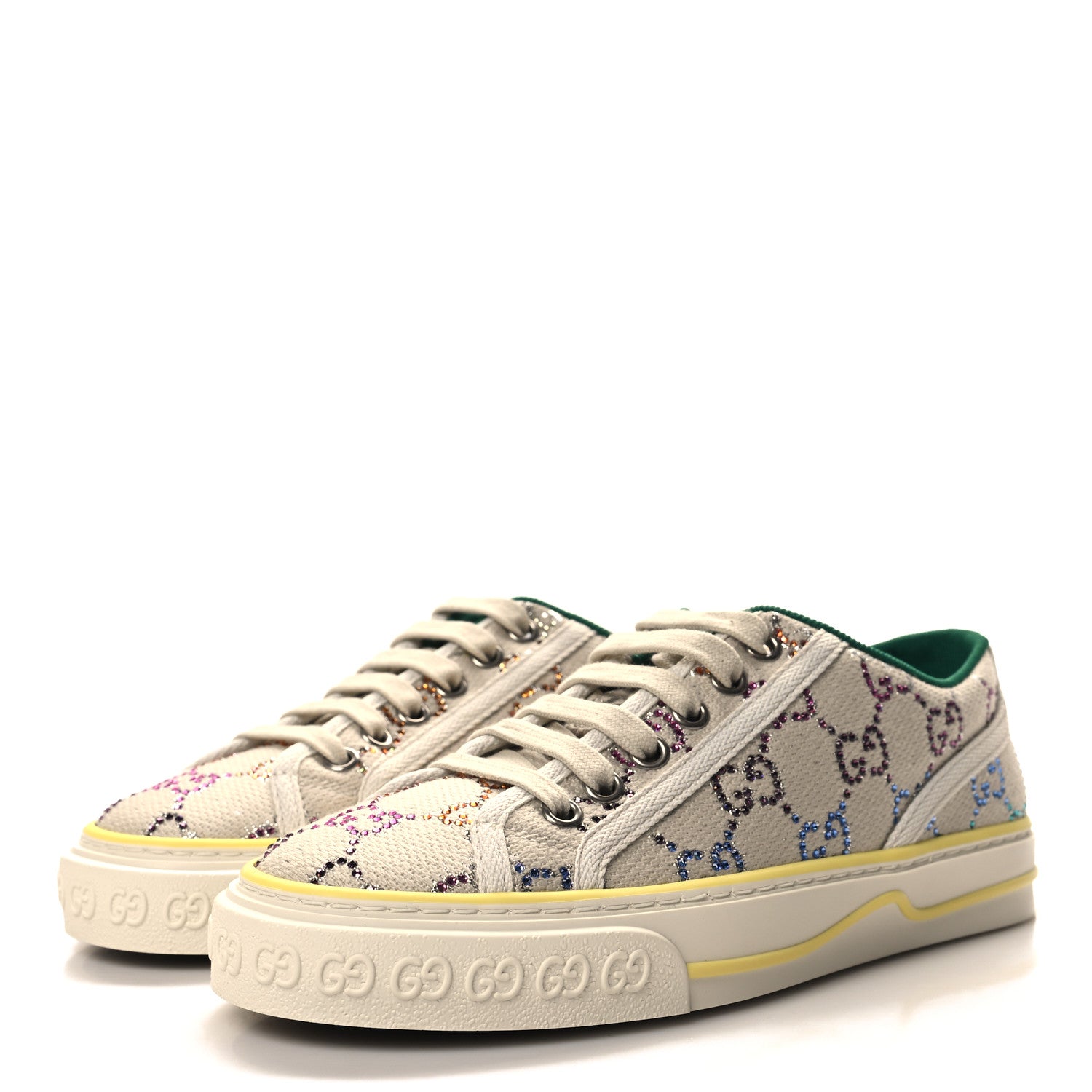 Gucci Canvas Lame Crystal GG Monogram Womens 1977 Tennis Sneakers 35.5 Gardenia Silver Mystic White 3 of 8